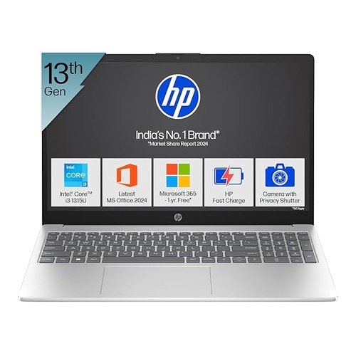 HP 15.6 inch (Laptop with free bag) Intel Core i3 13th Gen 1315U -(8 GB/512 GB SSD/Windows 11 Home) Thin and Light Laptop With MS Office- 15-FD0465TUSilver
