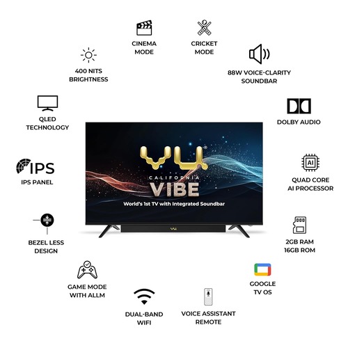 Vu (55 inches) 139cmibe Series QLED 4K Google TV With 3 Years Warranty (55VIBE24) Black