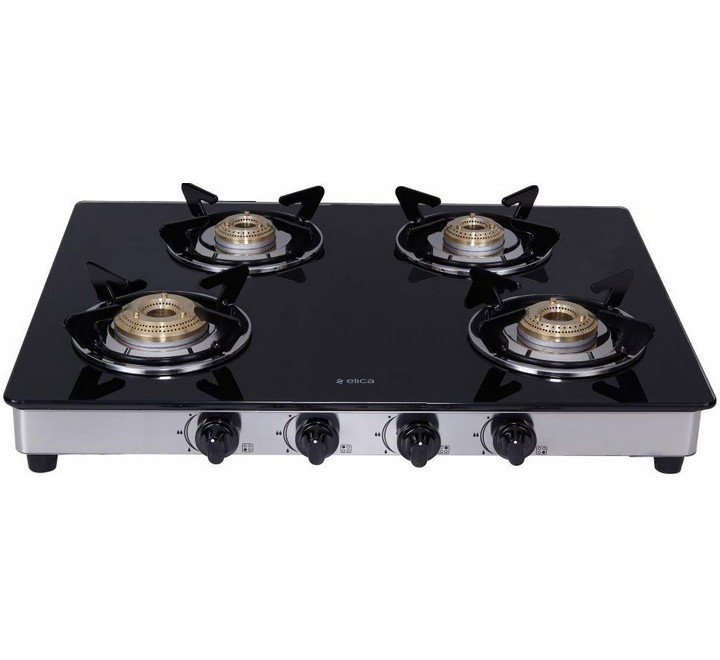 Elica 4 Burner Glass Gas Stove (Brass Burner 694 CT DT VETRO Black) (694CTDTVETRO)