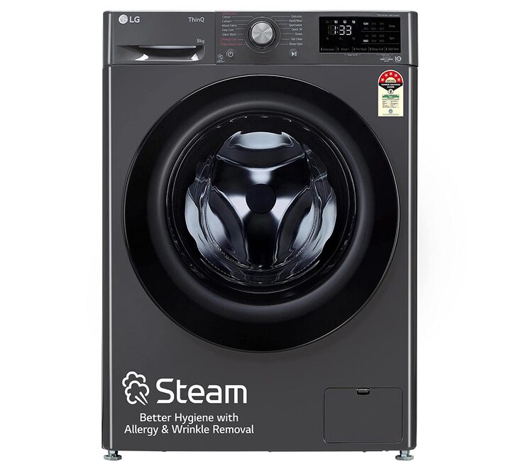  LG 8 Kg 5 Star Inverter Wi-Fi Fully-Automatic Front Loading Washing Machine with Inbuilt heater (FHP1208Z5M Middle Black AI DD Technology & Steam for Hygiene)(FHP1208Z5M.ABMQEIL)
