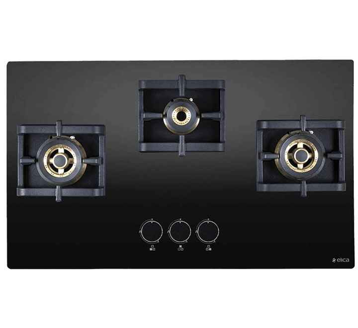 Elica Hob 3 Burner Auto Ignition Glass Top 2 Mini Triple Ring and 1 Double Ring Brass Burner (FLEXIPROFB3B75MTDX)