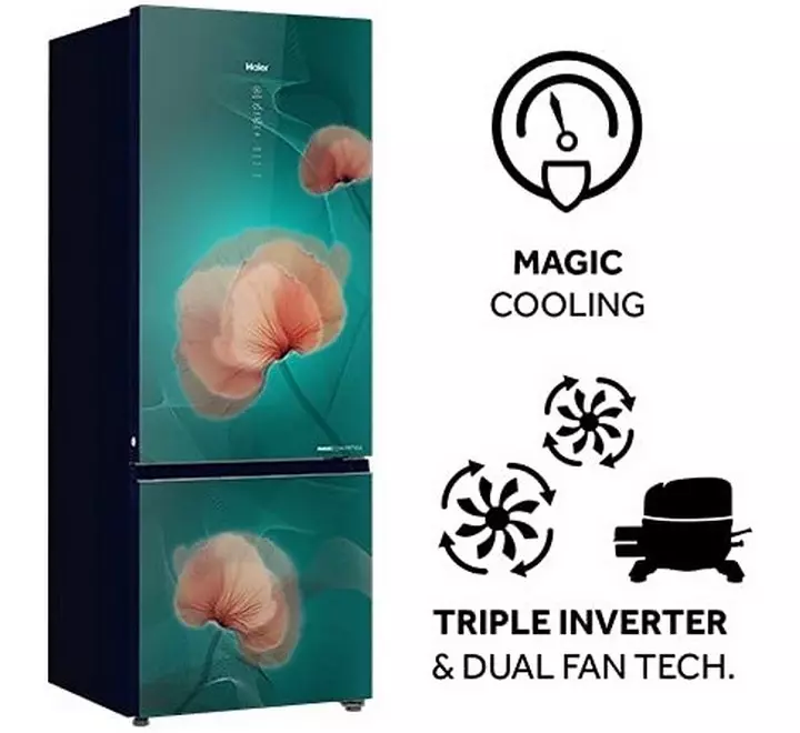 Haier 376L 3 Star Triple Inverter & Dual Fan Frost-Free Double Door Refrigerator (HRB-3964POG-E Ocean Glass - Green14 in 1 Convertible-Bottom Freezer-2021) (HRB3964POG-E)