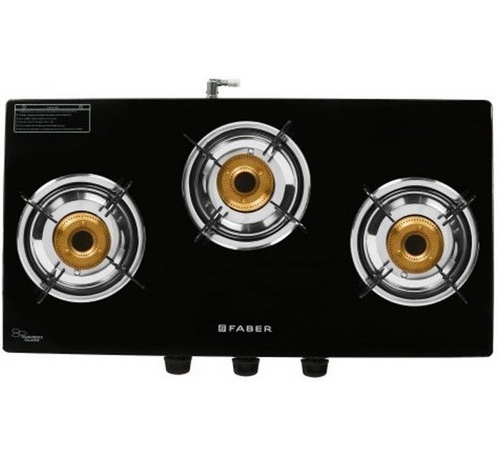 Faber 3 Burner Glass Gas Stove (Double Drip Tray Jumbo3BBBK Black)