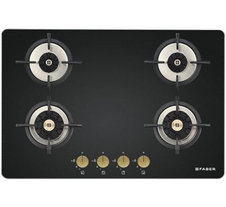 Faber Hob/Hobtop 4 Brass Burner Auto Electric Ignition Glass Top (MAXUSHT784CRSBRCIAI) Black Glass and Mild Steel