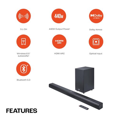 JBL Cinema SB590 440W 3.1 Channel Deep Bass Dolby Atmos Soundbar with Wireless Subwoofer Bluetooth & Optical Connectivity(JBLSB590BLKIN)