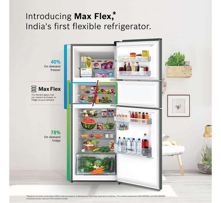 Bosch MaxFlex Convert 364L Inverter Frost Free Triple Door Refrigerator (ConvertibleBlack Steel) (CMC36K05NI)